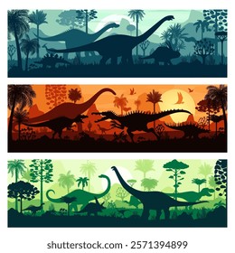 Horizontal banners with prehistoric era landscape and dinosaurs silhouettes. Jurassic era tropical forest sunset vector background with dinosaurs, fern trees and prehistoric volcano silhouettes