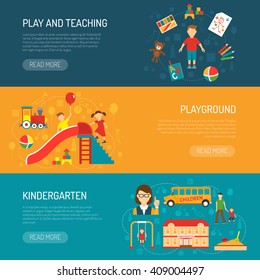 Horizontal banners presenting kindergarten itself play and teaching with boy and playground with playing children flat vector illustration