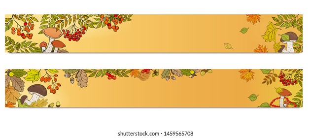 Horizontal banners with red rowan berries, mushrooms and leaves. Autumn theme
