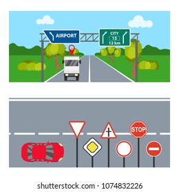 Horizontal banners with road signs. Two horizontal banners with transport and road signs. Flat design, vector illustration, vector.