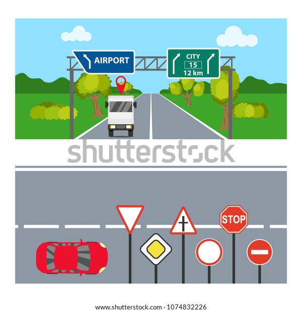 Horizontal banners with road signs. Two\
horizontal banners with transport and road signs. Flat design,\
vector illustration,\
vector.