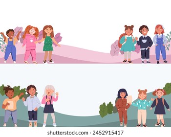 Horizontal banners, rows of happy children. Cute diverse cheerful children celebrating, waving, singing. Joyful excited kindergarten friends, little girls and boys. 