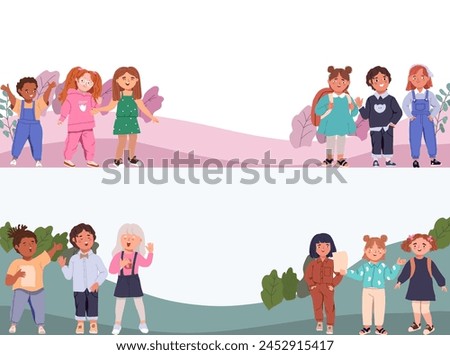 Horizontal banners, rows of happy children. Cute diverse cheerful children celebrating, waving, singing. Joyful excited kindergarten friends, little girls and boys. 