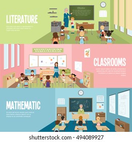 Horizontal banners with scenes in school classrooms on literature mathematics and elementary lessons vector illustration