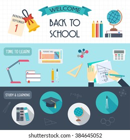 Horizontal banners with school and education icons. Back to school. Flat design. vector illustration