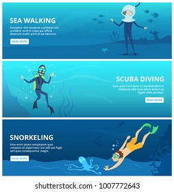 Horizontal banners with sea scuba divers. Funny cartoon characters scuba diver underwater swim ocean, vector illustration