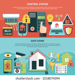 Horizontal banners with security control system and safe home on red and blue background isolated vector illustration