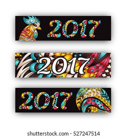 Horizontal Banners Set with 2017 Chinese New Year Rooster. Black Vector illustration.
