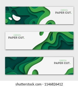 Horizontal banners set 3D abstract background, green paper cut shapes. Vector design layout for business presentations, flyers, posters and invitations. Carving art, environment and ecology elements