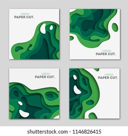 Horizontal banners set 3D abstract background, green paper cut shapes. Vector design layout for business presentations, flyers, posters and invitations. Carving art, environment and ecology elements