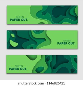 Horizontal banners set 3D abstract background, green paper cut shapes. Vector design layout for business presentations, flyers, posters and invitations. Carving art, environment and ecology elements