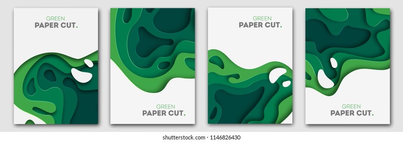 Horizontal banners set 3D abstract background, green paper cut shapes. Vector design layout for business presentations, flyers, posters and invitations. Carving art, environment and ecology elements