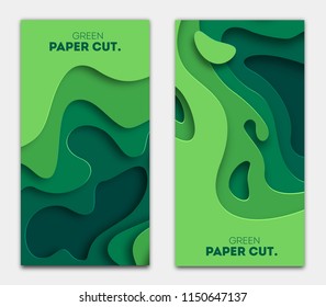 Horizontal banners set 3D abstract background, green paper cut shapes. Vector design layout for business presentations, flyers, posters and invitations. Carving art, environment and ecology elements