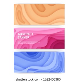 Horizontal banners set 3D abstract background, pink, blue and orange paper cut shapes, design layout for business presentations, flyers, posters and invitations. Carving art, Vector EPS 10 format