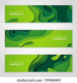 Horizontal banners set 3D abstract background, green paper cut shapes. Vector design layout for business presentations, flyers, posters and invitations. Carving art, environment and ecology elements