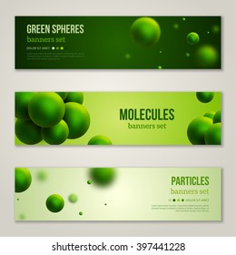 Horizontal Banners Set with Abstract Green Particles. Vector illustration. Molecules Background. Atoms. Eco-friendly concept. 