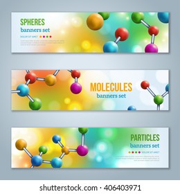 Horizontal Banners Set with Abstract molecules design. Vector illustration. Atoms. Medical scientific background for banner or flyer. Molecular structure with colorful spherical particles.