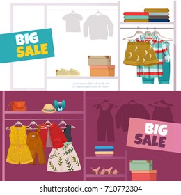 Horizontal banners set with big sale of fashionable clothes for children flat isolated vector illustration