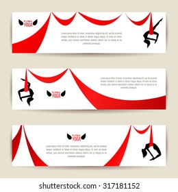 Horizontal banners set. Black acrobat silhouette with red ribbon. Aerial silk dancer. Gymnast woman doing exercises. Yoga with hammock or anti gravity yoga. Typographic template for Your text. Vector.