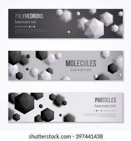 Horizontale Banner mit Schwarz-Weiß-Polyhedronen. Vektorillustration. Kristalle. Technologie, wissenschaftlicher Hintergrund. Geometrisches Formhintergrund. Abstrakte Moleküle Design.