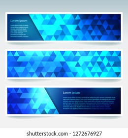 Horizontal banners set with blue polygonal triangles. Polygon background, vector illustration