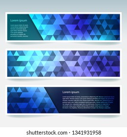 Horizontal banners set with blue polygonal triangles. Polygon background, vector illustration