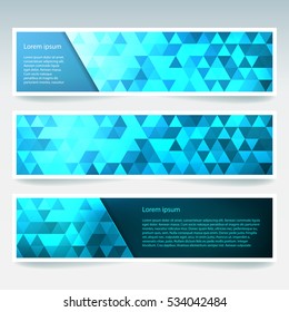 Horizontal banners set with blue polygonal triangles. Polygon background, vector illustration