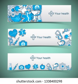 Horizontal banners set with blue and white medical icons flat isolated vector illustration