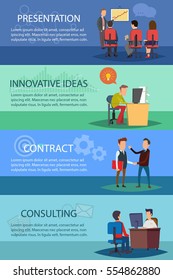  Horizontal banners set with business people: presentation, innovative ideas, contract and consulting  design elements. Concept of business development. Isolated. Vector