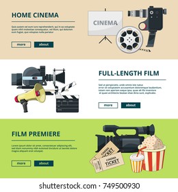 Horizontal banners set with cinema compositions. Video entertainment pictures. Home cinema and video camera, clapper and banner cinematography production. Vector illustration