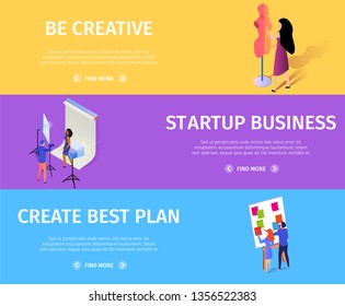 Horizontal Banners Set with Copy Space. Young Woman Measuring Dummy, Fashion Model Posing to Photographer in Studio, Girl and Man Making Plan on Chart Board. 3d Flat Vector Isometric Illustration.