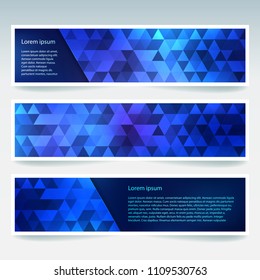 Horizontal banners set with dark blue polygonal triangles. Polygon background, vector illustration