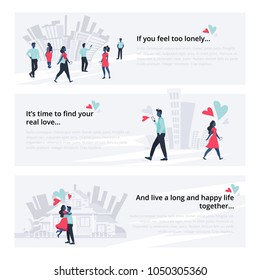 Horizontal banners set for dating web site with flat couple in love near their home and lonely people in the city. Vector illustration with place for your text