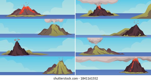 Pancartas horizontales que representan diversas etapas de la explosión del volcán, ilustración plana vectorial. Explosión regurgitando la montaña del volcán haciendo erupción magma y ceniza.