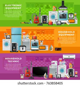 Horizontal banners set with different household technics. Electronic equipment in cartoon style. Kitchen household, wash machine and refrigerator. Vector illustration