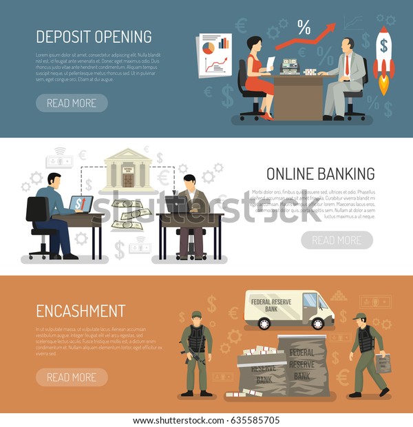 Horizontal\
banners set with encashment online banking and deposit opening in\
bank office flat isolated vector\
illustration