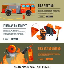 Horizontal banners set of fireman tools pictures. Firefighter in big flame. Vector illustrations with place for your text