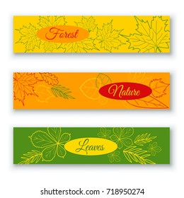 Horizontal banners set with forest leaves, linear style. Nature design elements. Simple and cute flat line style. Vector illustration. Template for seasonal greetings and sale.