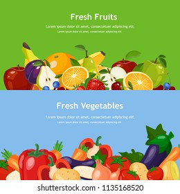 Horizontal banners set with fresh fruits and vegetables vector illustration