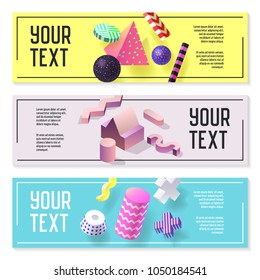 Horizontal Banners Set with Geometric 3d Shapes. Templates for Sale, Discount Voucher, Flyer, Advertising. Futuristic Abstract Design. Vector illustration