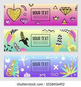 Horizontal Banners Set with Gold Glitter Geometric Elements, Hearts and Tropical Leaves. Poster Invitation Voucher Templates. Abstract Cards Design. Vector illustration