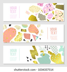 Horizontal Banners Set with Gold Glitter Geometric Elements. Poster Invitation Voucher Brochure Templates. Abstract Cards Design. Vector illustration