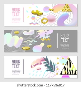 Horizontal Banners Set with Gold Glitter Geometric Elements and Fluid Shapes. Poster Invitation Voucher Templates. Abstract Cards Design. Vector illustration