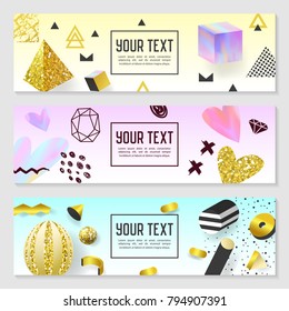 Horizontal Banners Set with Gold Glitter Geometric Elements. Poster Invitation Voucher Templates. Abstract Cards Design. Vector illustration