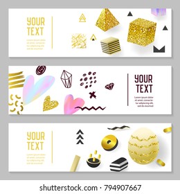 Horizontal Banners Set with Gold Glitter Geometric Elements. Poster Invitation Voucher Templates. Abstract Cards Design. Vector illustration