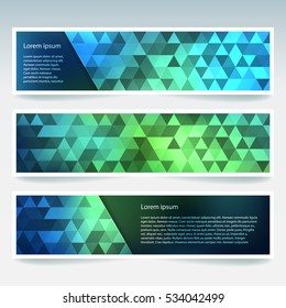 Horizontal banners set with green, blue polygonal triangles. Polygon background, vector illustration