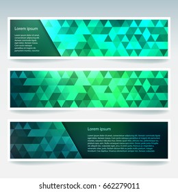 Horizontal banners set with green, blue polygonal triangles. Polygon background, vector illustration