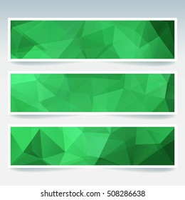 Horizontal banners set with green polygonal triangles. Polygon background, vector illustration