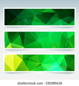Horizontal banners set with green polygonal triangles. Polygon background, vector illustration