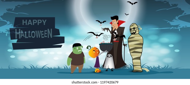 Horizontal Banners Set with Halloween Symbols - Blue Sky Backgrounds